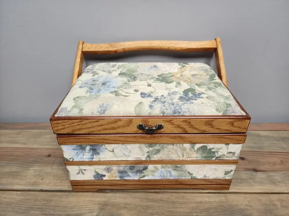 Vintage Oak Sewing Basket jewelry Hope box handmade Red Lining